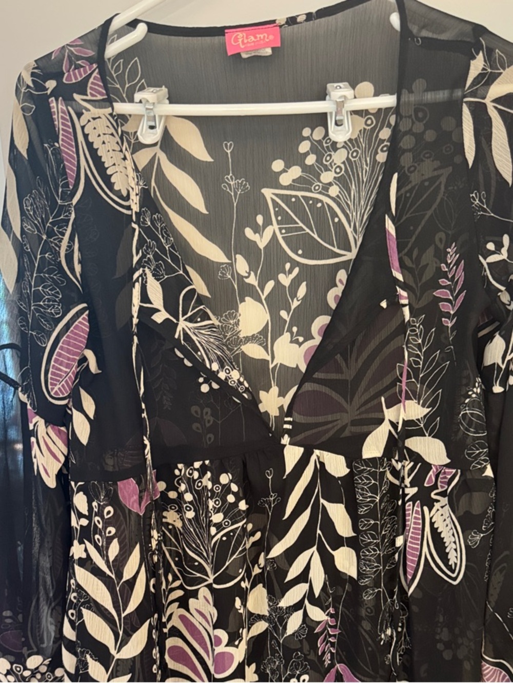 Black Floral Sheer V-Neck Dress with Cream and Lavender Accents